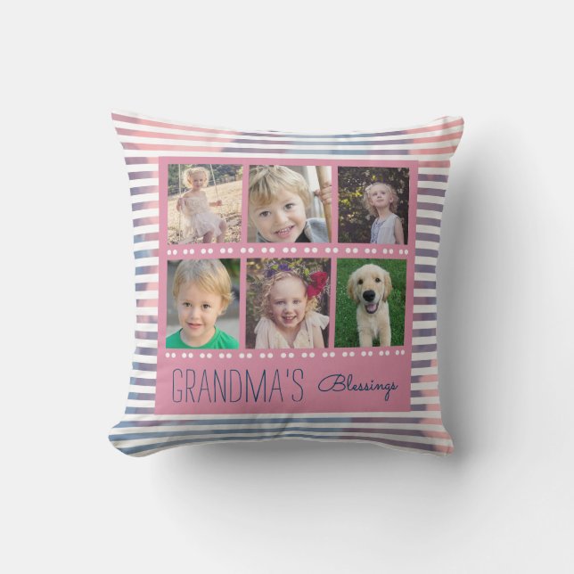 Grandma's Blessings Photo Collage Pink & Blue Throw Pillow (Front)