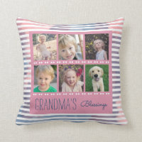 Grandma's Blessings Photo Collage Pink & Blue Throw Pillow