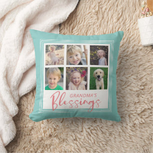 Grandma's Blessings Photo Collage Teal & Coral Throw Pillow