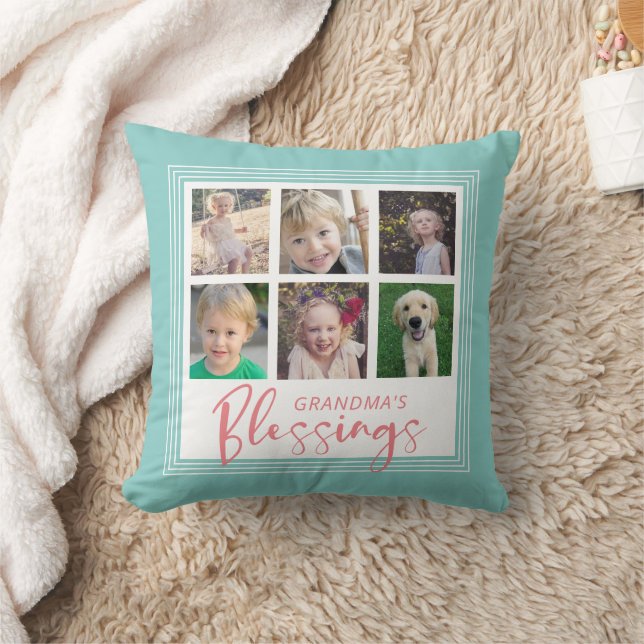 Grandma's Blessings Photo Collage Teal & Coral Throw Pillow (Blanket)