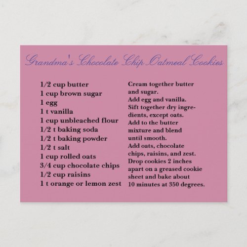 Grandmas Chocolate Chip Oatmeal Raisin Cookies Postcard