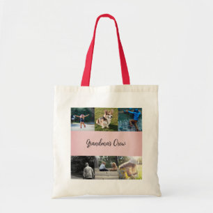 Grandma's Crew Custom 6 Photo Grid Pink Tote Bag