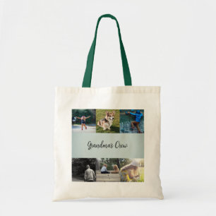 Grandma's Crew Custom 6 Photo Grid Sage Green Tote Bag