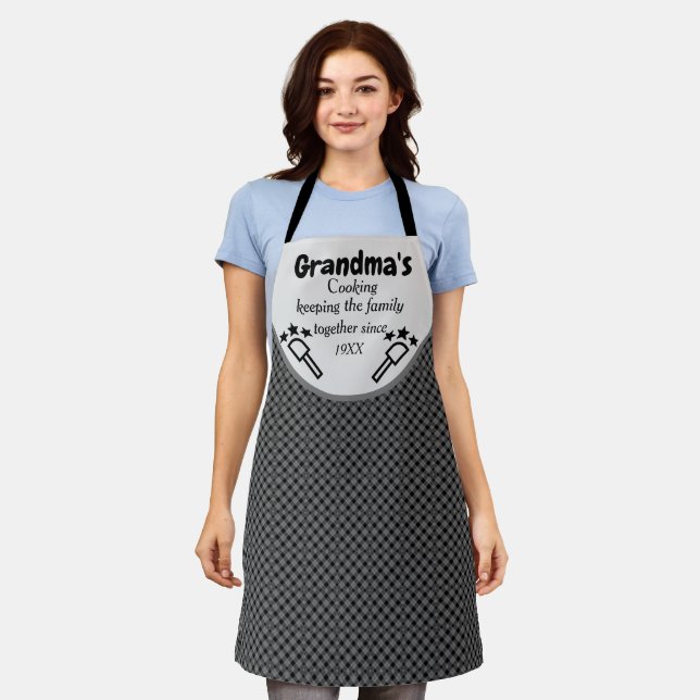 Grandma's Custom Cooking Black Checkered Pattern Apron (Worn)