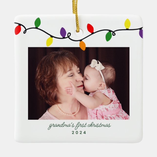 Grandma's First Christmas Colorful Lights Photo Ceramic Ornament (Front)