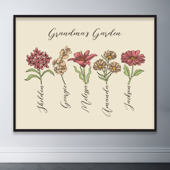 Grandma's Flower Garden 5 Grandkids Name Floral Poster by raindwops at Zazzle