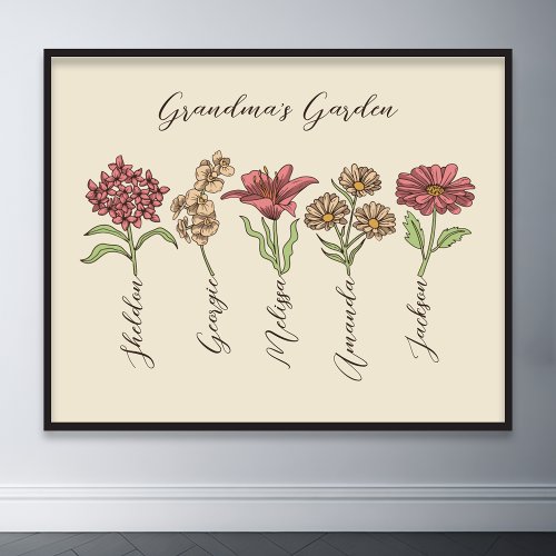Grandmas Flower Garden 5 Grandkids Name Floral Poster