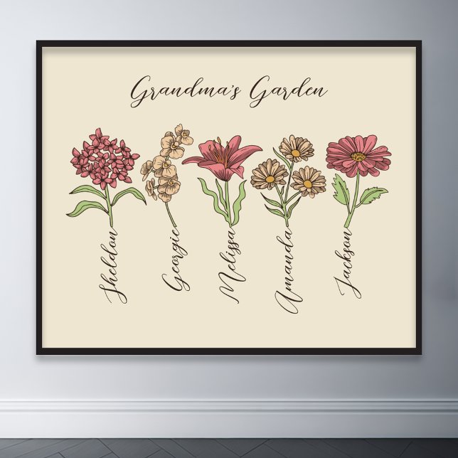 Grandma's Flower Garden 5 Grandkids Name Floral Poster (grandma flower garden grandkids name floral poster)