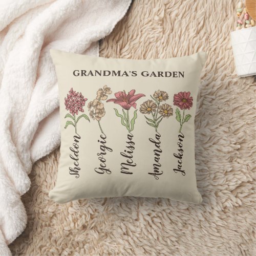 Grandmas Flower Garden 5 Grandkids Name Floral Throw Pillow