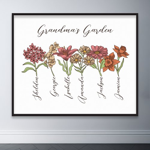 Grandmas Flower Garden 6 Grandkids Name Floral Poster