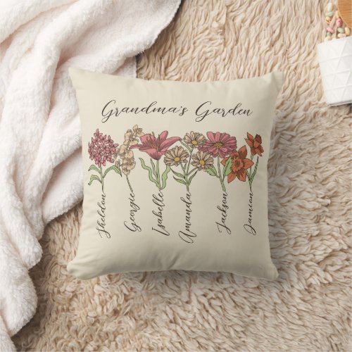 Grandmas Flower Garden 6 Grandkids Name Floral Throw Pillow