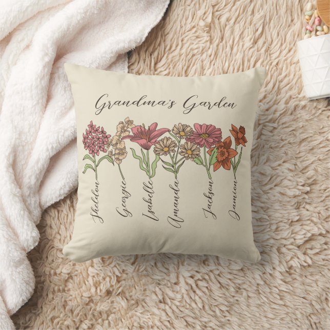 Grandma's Flower Garden 6 Grandkids Name Floral Throw Pillow (Blanket)