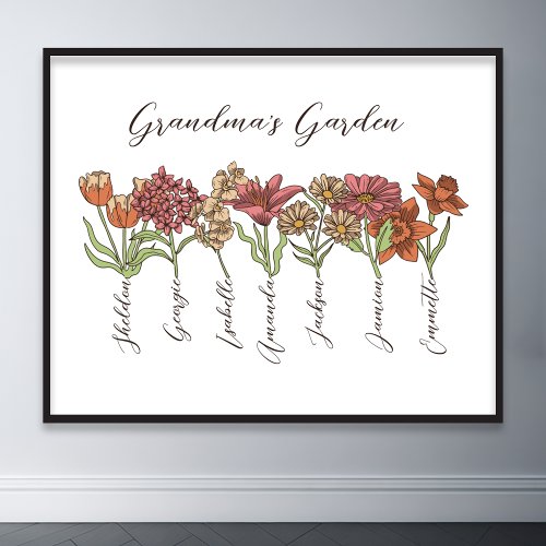 Grandmas Flower Garden 7 Grandkids Name Floral Poster