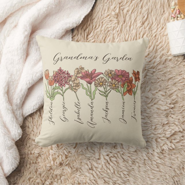 Grandma's Flower Garden 7 Grandkids Name Floral Throw Pillow (Blanket)