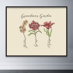 Grandma's Garden Flower 3 Grandkids Name Floral Poster<br><div class="desc">This Grandma's Garden Flower and Grandkids Name custom design is a delightful blend of vintage charm and personalized warmth. It is the perfect addition to any grandmother's haven, bringing the beauty of a botanical garden right into her home. Featuring a stunning vintage flower illustration that captures the essence of grandma's...</div>
