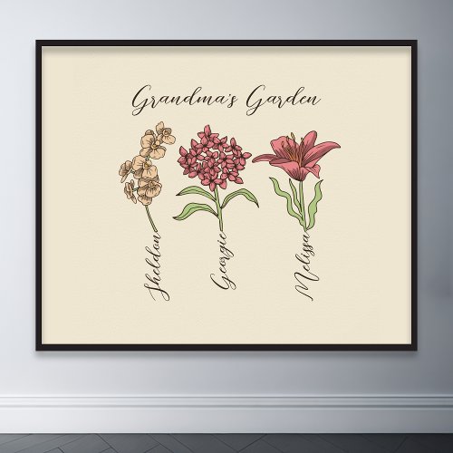 Grandmas Garden Flower 3 Grandkids Name Floral Poster