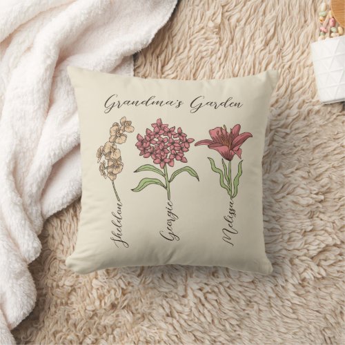 Grandmas Garden Flower 3 Grandkids Name Floral Throw Pillow