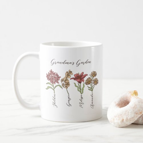 Grandmas Garden Flower 4 Grandkids Name Floral Coffee Mug
