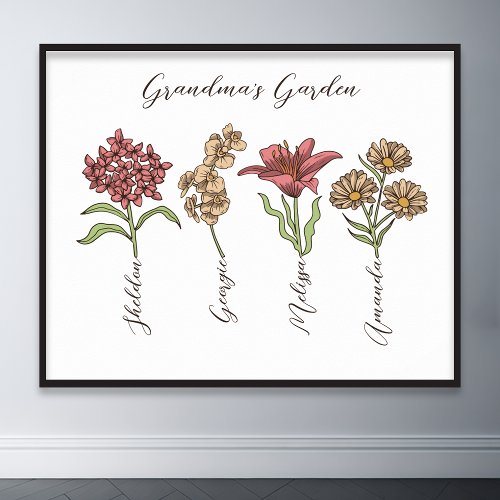 Grandmas Garden Flower 4 Grandkids Name Floral Poster