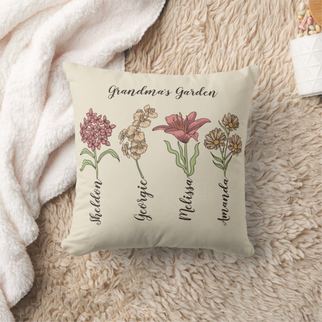 Grandma's Garden Flower 4 Grandkids Name Floral Throw Pillow (Blanket)