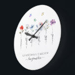 Grandma's garden with grandkids name watercolor large clock<br><div class="desc">Celebrate your grandma, nana or Mimi with our grandma's garden wildflower template! This customizable and personalized gift is perfect for moms, grandmas, or anyone special in your life. Ideal for birthdays, mother's Day, grandparents day, or just because. You can easily edit the whole text in personalized section to add names...</div>