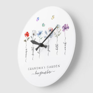 Grandma's garden with grandkids name watercolor large clock