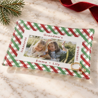 Grandma's Greatest Treasures Christmas Plaid Photo Trinket Tray