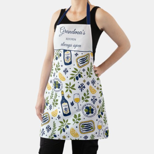 Grandma's Kitchen Always Open Olives Wine Pattern Apron