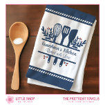 Grandmas Kitchen Baked with Love Customizable Kitchen Towel<br><div class="desc">Update your kitchen with this customizable tea towel that features an illustration of a spatula, spoon, and whisk on a crisp white background, navy borders, red accents, and customizable text that says, “Grandma’s Kitchen, ” and “Baked with Love.” This charming kitchen towel will make an ideal gift for grandmas who...</div>