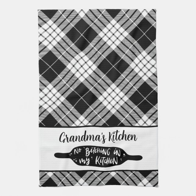 Grandma's Kitchen Black and White Plaid Kitchen Towel (Vertical)