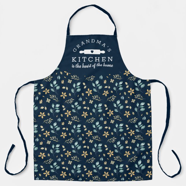 Grandma's Kitchen Blue Floral Pattern Apron (Front)