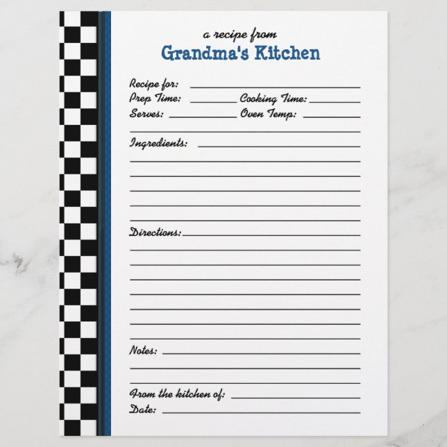 Grandmas Kitchen Checkered Blue Accent Recipe (Front)