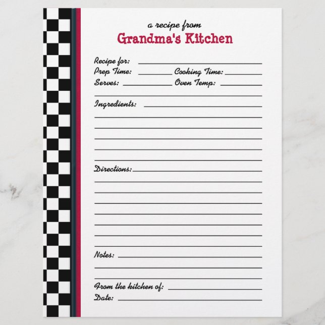 Grandmas Kitchen Checkered Red Accent Recipe Page (Front)