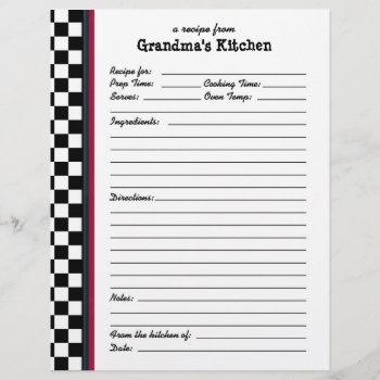 Grandmas Kitchen Checkered Red Accent Recipe Page by FamilyTreed at Zazzle