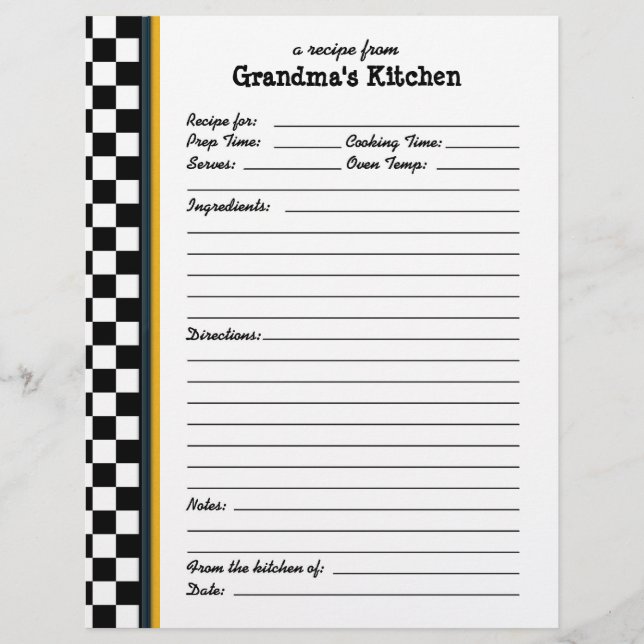 Grandmas Kitchen Checkered Yellow Accent Recipe (Front)