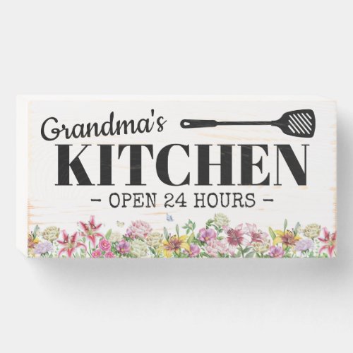 Grandmas Kitchen Decor | Vintage Floral Wooden Box Sign - Vintage kitchen wooden box sign featuring the words "grandma's kitchen, open 24 hours", with a kitchen utensil silhouette, and elegant garden watercolor florals.