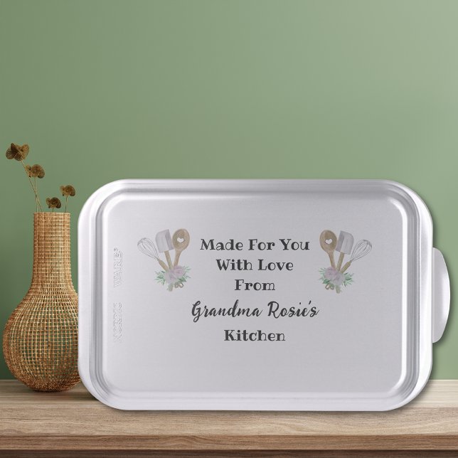 Grandma's Kitchen | Made With Love Personalized Cake Pan (Custom Grandma's Kitchen Made with Love baking pan with her name and watercolor kitchen utensils.)