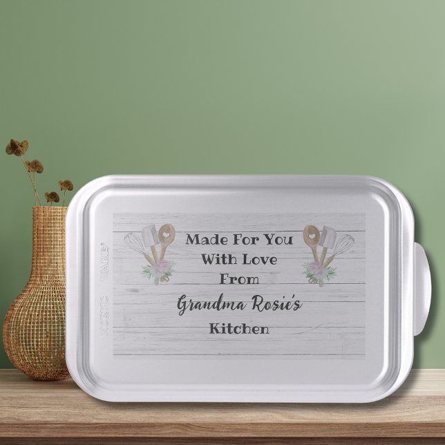 Grandma's Kitchen | Made With Love Personalized Cake Pan (Grandma's Made with Love custom baking pan with her name and watercolor kitchen utensils.)