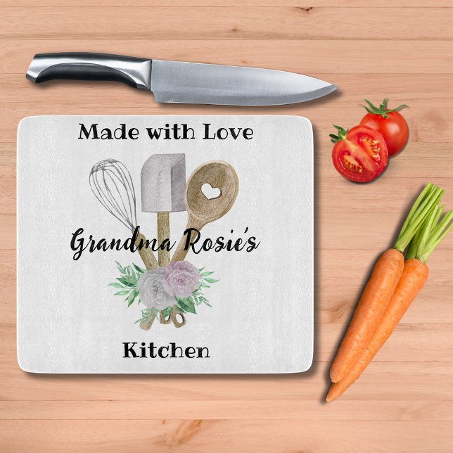 Grandma's Kitchen | Made With Love Personalized Cutting Board (Custom cutting board with watercolor utensils to celebrate your love of Grandma's cooking. )