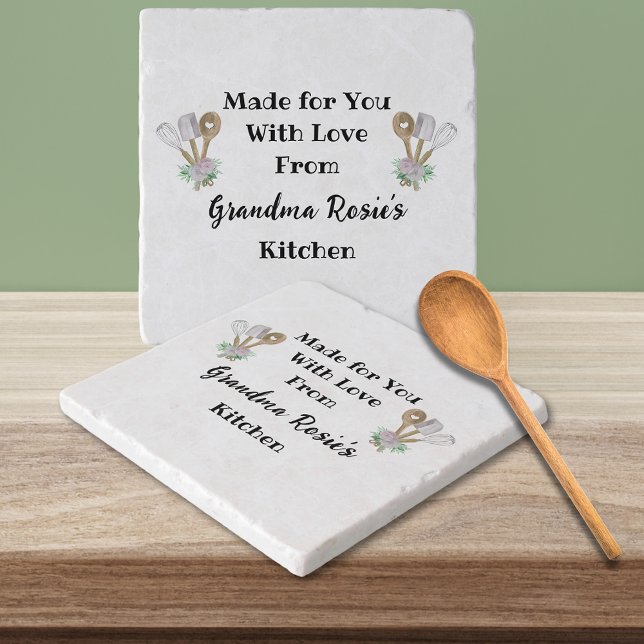 Grandma's Kitchen | Made With Love Personalized Trivet (Made with Love Custom Marble Trivet for Grandma, Mom or anyone else, with watercolor kitchen tools.)