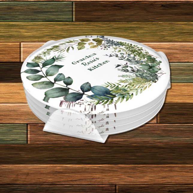 Grandma's Kitchen | Personalized Watercolor Wreath Coaster Set (Creator Uploaded)