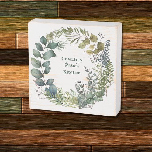 Grandmas Kitchen  Personalized Watercolor Wreath Wooden Box Sign