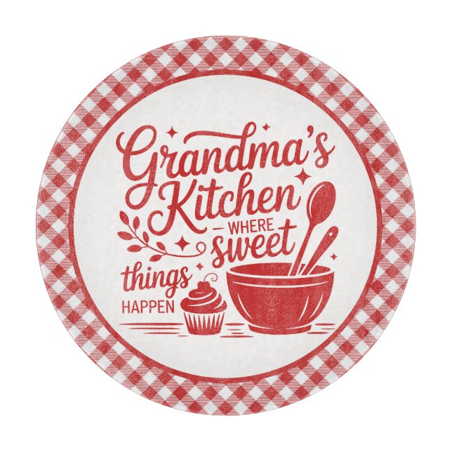 Grandma's Kitchen Red White Plaid Cooking Cutting Board (Front)