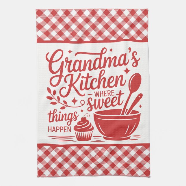 Grandma's Kitchen Red White Plaid Cooking Kitchen Towel (Vertical)