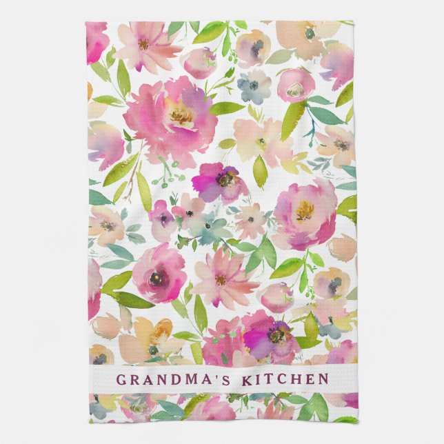 Grandma's Kitchen Watercolor Floral Personalized Towel (Vertical)