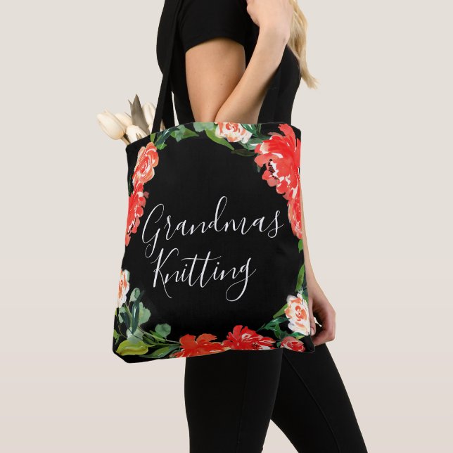 Grandma's Knitting Red Watercolor Floral Black Tote Bag (Close Up)