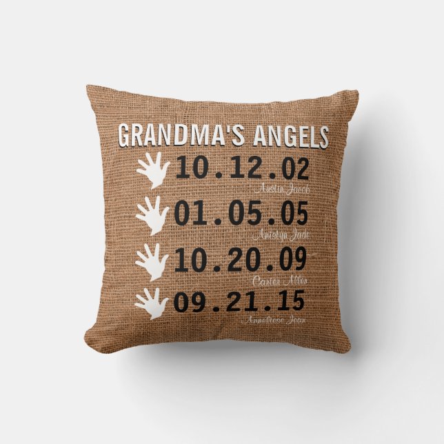 Grandma's Little Angels - 4 Grandchildren - Burlap Throw Pillow (Front)