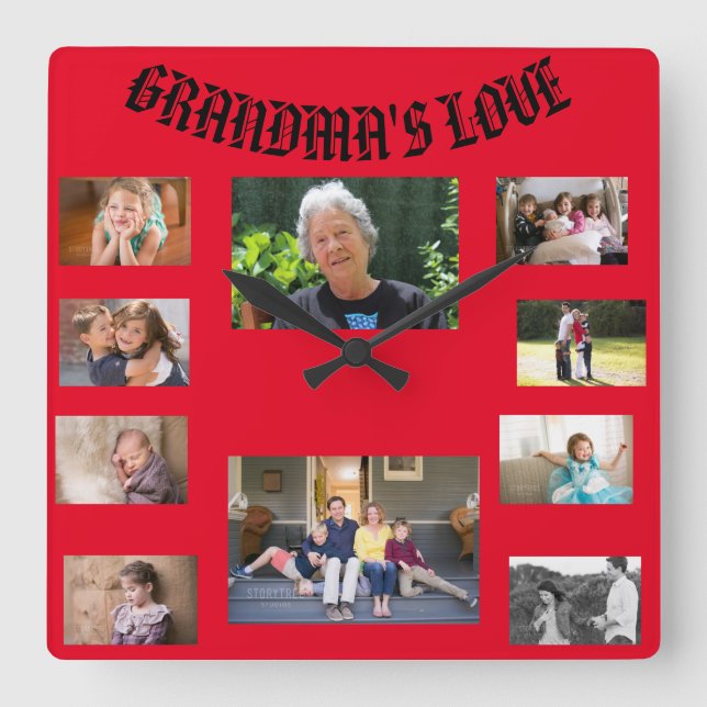 Grandma's Love 10 Photos American Text Font Square Wall Clock (Front)