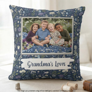 Grandma's Loves Navy Floral Photo Throw Pillow