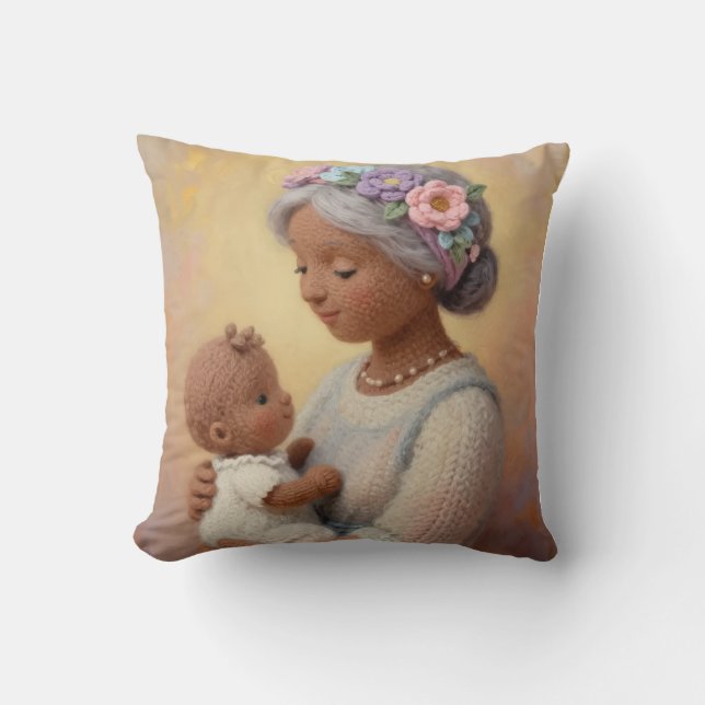 Grandma's loving look wool design throw pillow (Front)